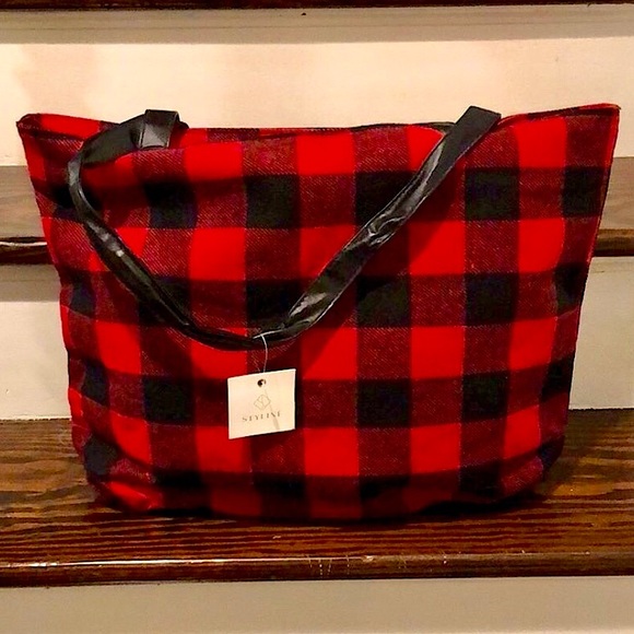RED BLACK BUFFALO PLAID Flannel Christmas Holiday Tote Bag With Zipper Closure - Picture 1 of 8